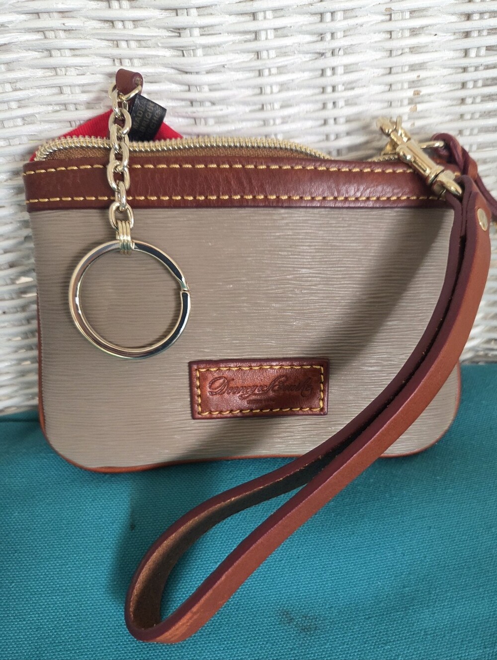 Dooney & Bourke Grey Clutch with Brown Leather Trim Wristlet, Key Ring